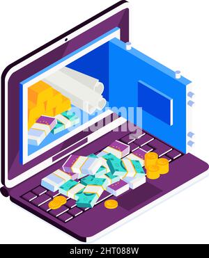Isometric online mobile bank composition with icons of laptop safe box and money in cash vector illustration Stock Vector