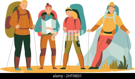 Mountain climbing trekking hiking flat composition with group of equipped hikers vector illustration Stock Vector