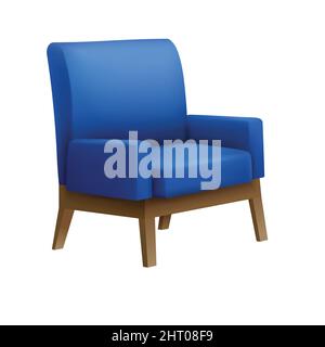Realistic icon of modern blue armchair with wooden legs vector illustration Stock Vector