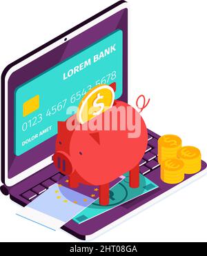 Isometric online mobile bank composition with icons of laptop saving and payment methods vector illustration Stock Vector