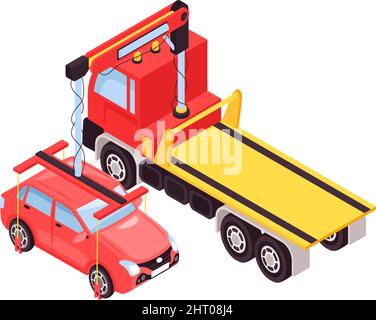 Isometric tow truck car vehicle transportation help road composition with isolated image vector illustration Stock Vector