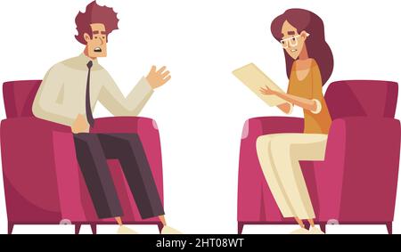 Sleep time composition with characters of talking patient and therapist sitting in chairs flat isolated vector illustration Stock Vector