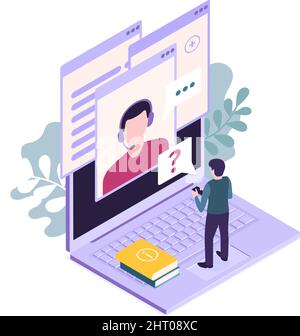 Isometric customer support faq composition with human character and computer with question mark vector illustration Stock Vector