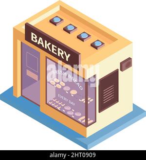 Isometric shops composition with isolated image of bakery building on blank background vector illustration Stock Vector