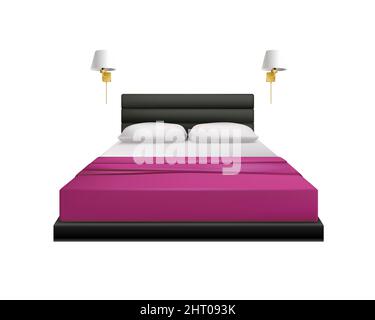 Realistic bed with two pillows bedcover and night lamps vector illustration Stock Vector