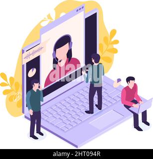 Isometric customer support faq composition with human characters talking to tech agent in laptop vector illustration Stock Vector