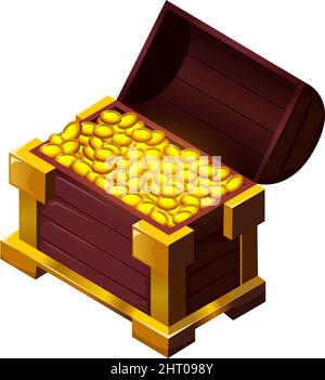 Treasures isometric cartoon game composition with isolated image of vintage trasure chest with golden coins vector illustration Stock Vector