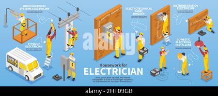 Electrician isometric infographic set with equipment and housework symbols vector illustration Stock Vector