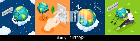 Isometric earth hour composition set with character of tired planet sleeping and thanking woman 3d isolated vector illustration Stock Vector
