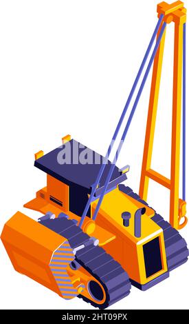 Isometric road construction roller composition with isolated image of hydraulic crane vector illustration Stock Vector