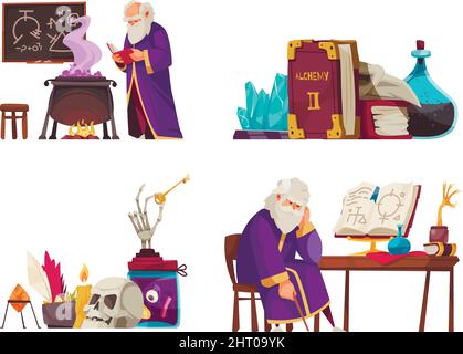Cartoon alchemy compositions with various alchemical tools and old man making potions isolated vector illustration Stock Vector