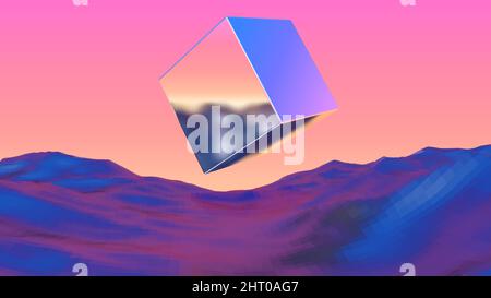 Neon 3d cube on retro background landscape. Glowing cube cosmos poster ...