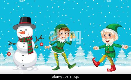 Christmas cartoon characters on snowy blue background illustration Stock Vector