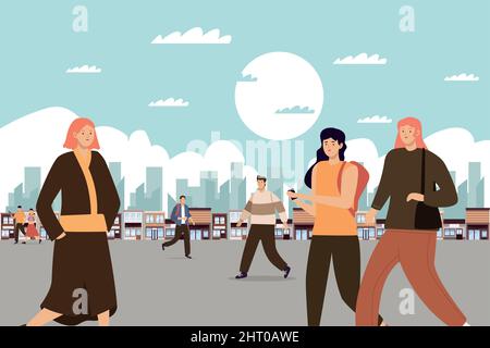 seven persons in the street Stock Vector