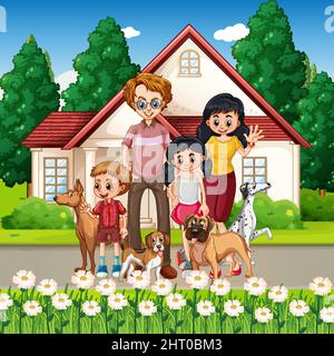 Outdoor scene with happy family and dogs illustration Stock Vector