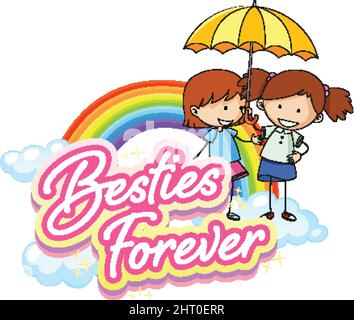 Bestie forever logo with two girls cartoon character illustration Stock Vector