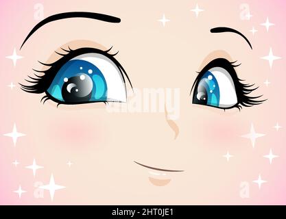 The face of a girl with a smile and blue eyes in anime style. Emotion of joy. Stock Vector