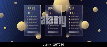 Glass morphism effect. Transparent frosted acrylic card. Subscription plan select Color gradient circles on black blue background. Realistic Stock Vector