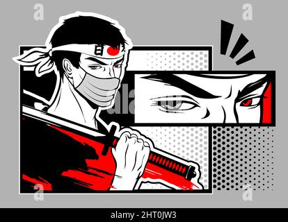 A masked samurai warrior holds a katana on his shoulder. Martial art and defense. Manga style illustration. Stock Vector