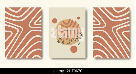 Boho minimalist jaguar wall art abstract home decor set, animal print bohemian artwork. Abstract illustration Stock Vector