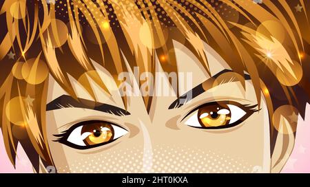 Brown eyes of a young man with blond hair with sequins in anime style. Happy look. Stock Vector