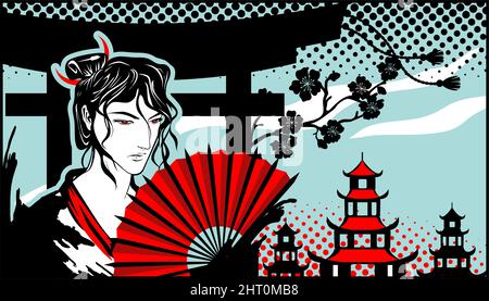 Man with a red fan in his hand in the style of manga and anime against the background of pagodas and cherry blossoms. Stock Vector