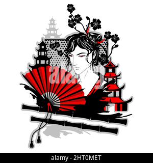 Man with long hair, a red fan. Stock Vector