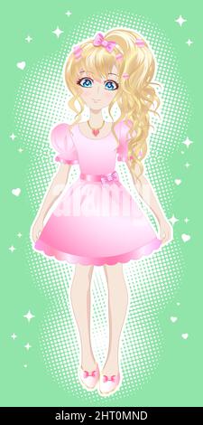 Blonde girl, in a pink dress in the style of anime, manga. Stock Vector