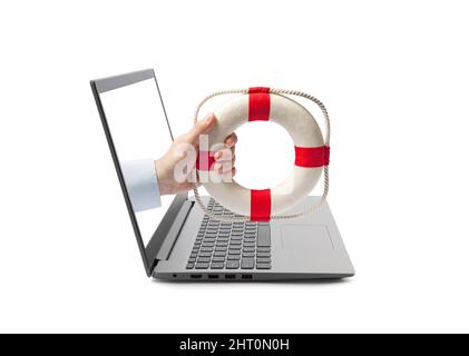 Hand holding a lifebuoy out of a laptop screen isolated on white Stock Photo