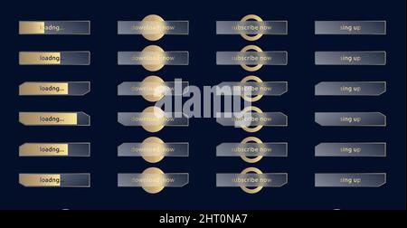 Glass morphism effect. Set of transparent frosted acrylic buttons and loading bars. Gold gradient circles on black blue background. Realistic Stock Vector