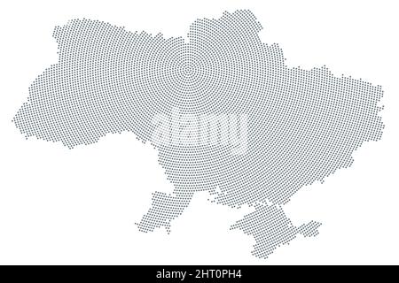 Ukraine map, radial dot pattern. Gray dots going from the capital Kyiv (Kiev) outwards and form the silhouette of the Eastern European country. Stock Photo