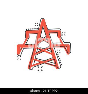 Electric tower icon in comic style. Power station cartoon vector illustration on white isolated background. High voltage splash effect sign business c Stock Vector