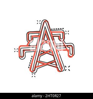 Electric tower icon in comic style. Power station cartoon vector illustration on white isolated background. High voltage splash effect sign business c Stock Vector