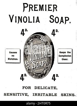 ADVERT Premier Vinolia Soap .1896. This oval shaped soap sold for 4d (four pence) a bar. It was known as  'The soap of the Titanic because the brand  was supplied on the vessel on its maiden voyage. It was branded as a  a 'toilet soap' meaning it was for personal use (as opposed to washing soaps), Originally a British company  called the Vinolia Co Ltd, it also made  baby powder, face powder, perfumes and shaving soap.  William Lever bought the company in 1906. Today. the brand name is owned by Unilever. Stock Photo