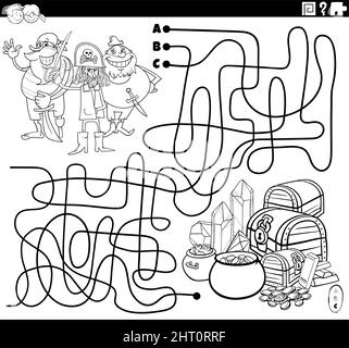 Black and white cartoon illustration of lines maze puzzle game with comic pirates characters and treasure coloring book page Stock Vector