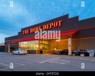 New Hartford, New York - February 20, 2022: Night Wide View of The Home Depot Building Exterior. Stock Photo