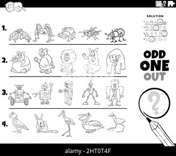 Black and white cartoon illustration of odd one out picture in a row educational game for children with comic characters coloring book page Stock Vector