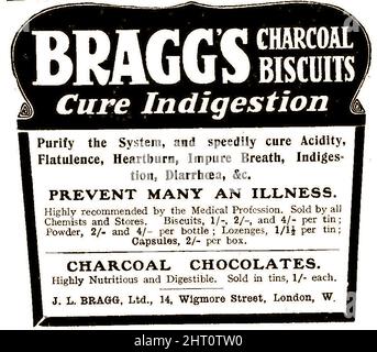 A 1916 British advertisement for Braggs charcoal biscuits and charcoal chocolates. used to  stop bad breath, flatulence, heartburn and digestion problems. They were manufactured by J L Braggs Ltd of 14 Wigmore street, London and were sold in chemists and general stores. Stock Photo