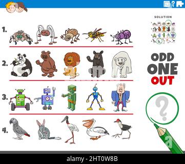Cartoon illustration of odd one out picture in a row educational game for children with comic characters Stock Vector