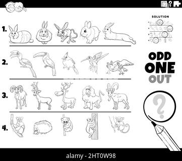 Black and white cartoon illustration of odd one out picture in a row educational task for children with comic animal characters coloring book page Stock Vector