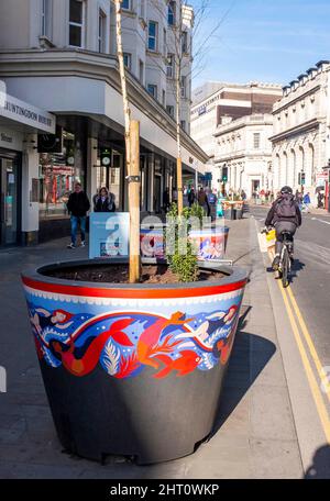 Brighton UK 26th February 2022 - Newly placed giant flower pots in North Street Brighton are lit up by the sunshine on a sunny but chilly morning in the South of Britain  : Credit Simon Dack / Alamy Live News Stock Photo