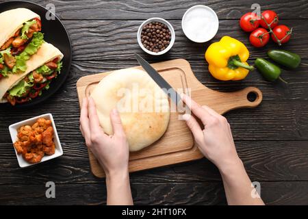 Concept of cooking pita with chicken meat Stock Photo