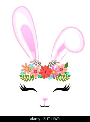 cute happy pink bunny with crown holding pink star balloons flat vector ...