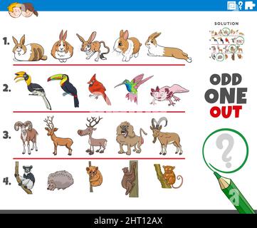 Cartoon illustration of odd one out picture in a row educational task for children with comic animal characters Stock Vector