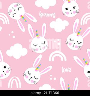 Cute white bunny faces with unicorn hors - funny doodle, seamless pattern. sleeping mask, stars, hearts. Cartoon background, texture for bedsheets, pa Stock Vector