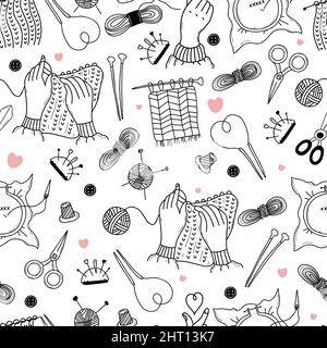 Seamless knitting and embroidery pattern. Sewing elements, threads and knitting needles, scissors and needles, hands knit on white background. Vector Stock Vector