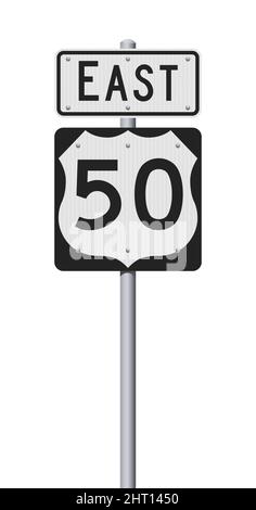 Vector illustration of the U.S Route 50 and East road signs on metallic post Stock Vector