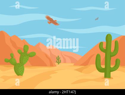 Cartoon desert landscape with mountains, cactuses ang flying eagles. Vector illustration. Stock Vector