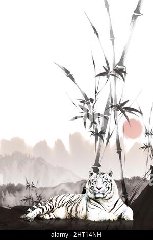A background image of a white tiger wishing for a Happy New Year, a background with bamboo and mountains, and a sunrise landscape image with the red s Stock Photo
