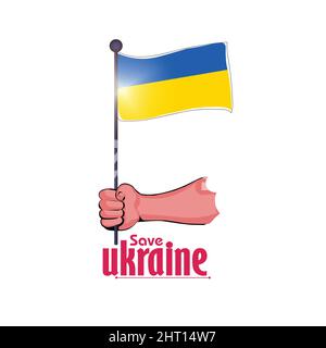 Holding the Ukraine flag in hand, Save Ukraine sing. Stock Vector